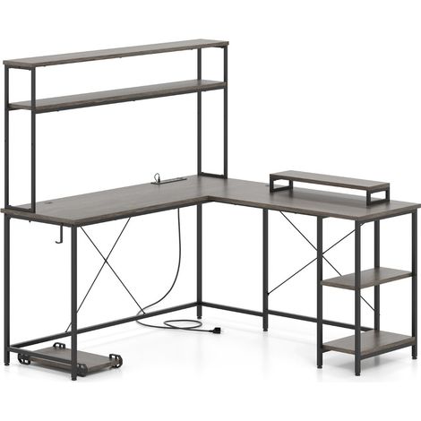 Bureau d'ordinateur en L 145 x 145 x 147 cm avec bande LED et 4 prises AC style moderne en bois ingénierie gris