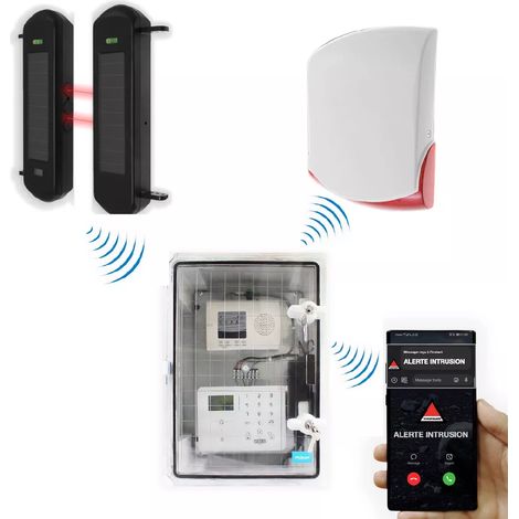 Kit barrières infrarouges solaires sans fil 900m (1B) – Alarme extérieure avec coffret GSM et sirène extérieure (DA600+) (1/5)