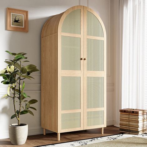 Moderner Kleiderschrank aus Rattan 80x50x179 cm - Garderobenschrank mit geschwungenen Türen, Kleiderstange und Schublade - Boho-Chic-Stil - Natur (1/5)