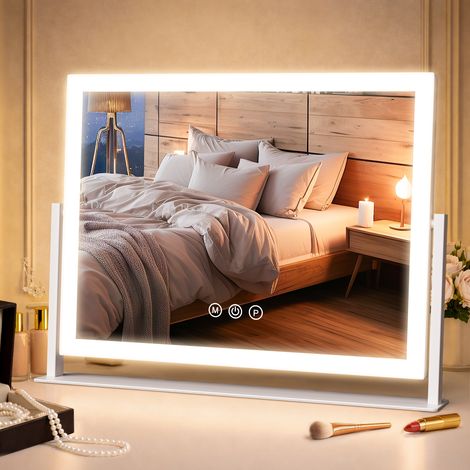 Schminktisch Spiegel mit Beleuchtung, 42x31cm Hollywood Spiegel mit 3 Farbtemperaturen & Dimmer, 360° Drehbar, 3X Vergrößerungsspiegel, Touch-Tasten, USB-C, Weiß – Kosmetikspiegel mit Licht (1/5)