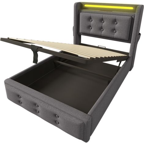 Letto contenitore 90x200 grigio in cotone e metallo, testiera LED, porte USB e USB-C, MODENUIT (1/5)