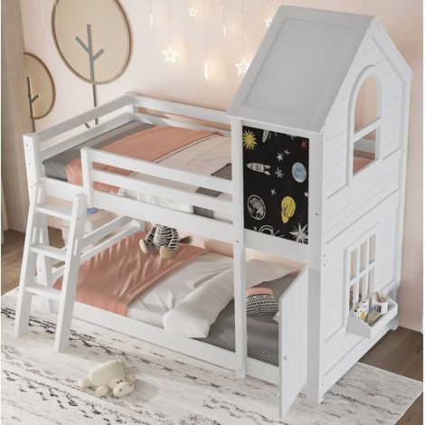 Letto a Castello 90x200 cm con Porticina e Lavagna in Legno Bianco (1/5)