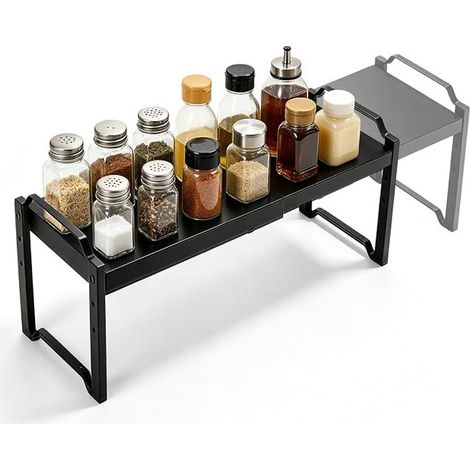Ausziehbarer Küchenschrank-Organizer aus Kohlenstoffstahl, 33–53 cm, für Arbeitsplatte und Schrank, für Gewürze und Küchenaccessoires, Schwarz (1/5)