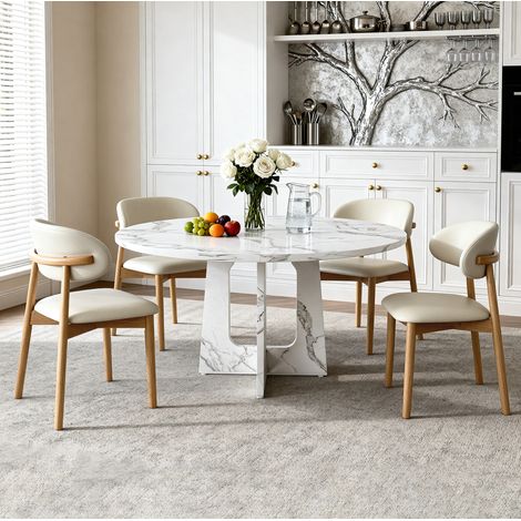 Ensemble salle à manger rond modulaire avec table MDF effet marbre blanc Ø120 cm et 4 chaises en chêne (1/5)