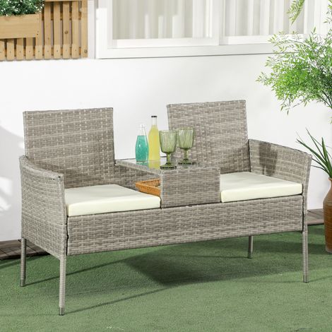 Banc extérieur 2 places table basse acier rotin PE - Dimensions: 137x59x82 cm - Couleur: Gris, Crème