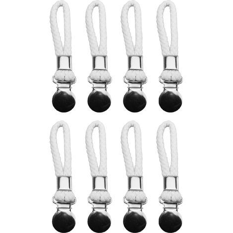 Set mit 8 Handtuchclips mit Baumwollschlaufen für Küche, Bad und Schränke. Weiße, rostbeständige Aufhängevorrichtungen. (1/5)