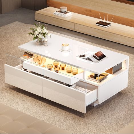 Tavolino da salotto 90x45x35.5 cm bianco in pannello truciolare lucido con 2 cassetti, vassoio removibile e LED (1/5)