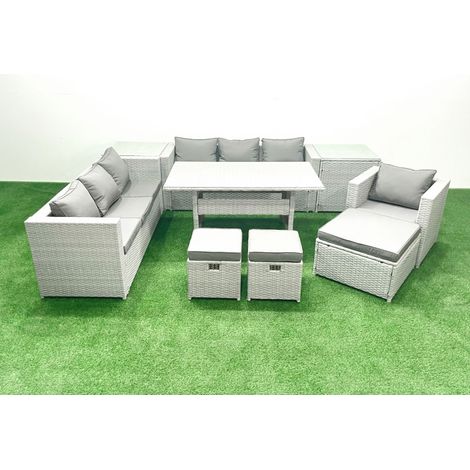 Fimous 9 Pieces Outdoor Rattan Sofa Set with Cushions Patio Garden Furniture Sets with Armchair Dining Table 2 Side Tables 3 Footstools