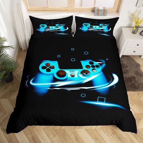 Garçons Jeu Housse de Couette Géométrique Grille Triangle Cercle Parure de Lit 140x200cm Enfants Joueur Video Jeu Gamepad Parure Housse de Couette 2 pièces Noir Bleu - 140x200 cm (1/5)