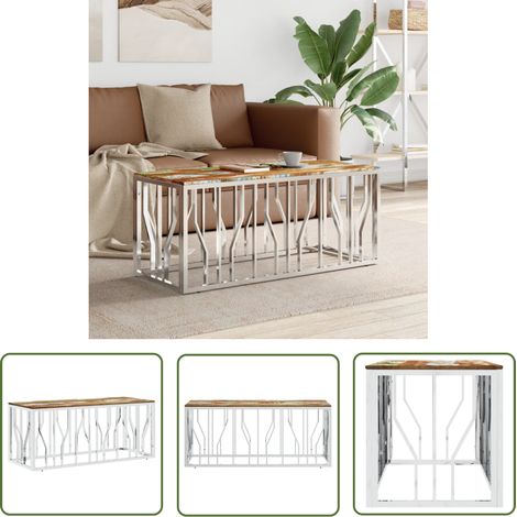 The Living Store Table basse argenté acier inoxydable/bois massif récupération - Table Basse - Meuble Salon - Table D'appoint - Table Ronde - Décoration Intérieure (1/5)