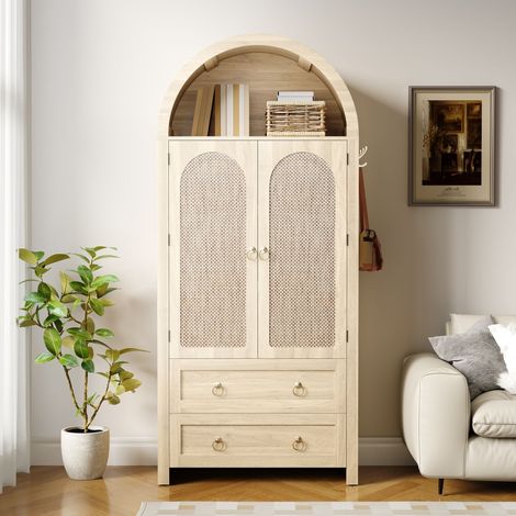 Credenza in MDF rovere con ante effetto rattan, 80 x 40 x 180 cm, 2 cassetti e ripiani regolabili