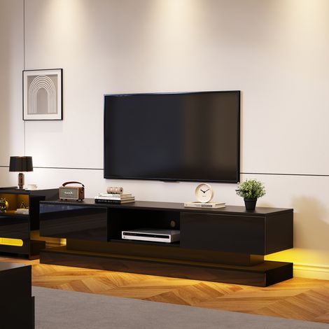 Mueble TV 160x35x40,5cm, con 2 cajones, LED, tablero de partículas, apto para TV de 60 pulgadas, diseño moderno, negro (1/5)