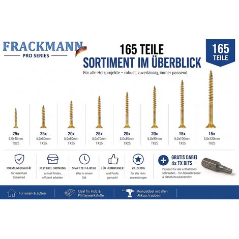 Lot de 165 vis à bois et à panneaux d'aggloméré - 5 x 45 à 5 x 120 mm - Avec 4 embouts TX et mallette de rangement - Fabriqué en Allemagne (1/5)