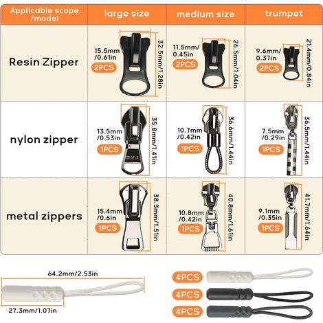 24 Pièces Zip Curseur Réparation Fermeture Eclair Kit  Convient aux fermetures à glissière en résine  nylon  métal  Avec 8 cordons zippés