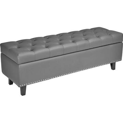 Gesteppte Aufbewahrungsbank aus grauem Kunstleder mit Beinen aus Massivholz, ideal für Eingangsbereich, Schlafzimmer oder am Fußende des Bettes, perfekt zur Aufbewahrung von Schuhen (1/5)
