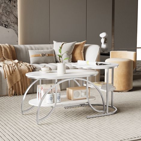 Pergar – Ensemble de 2 tables basses rondes blanches – Plateau marbre – Dimensions 80x46x45cm et 52x52x51cm – Supports métalliques traités contre la rouille (1/5)
