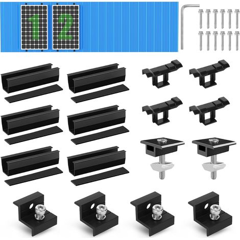 Kit de Montage PV pour 2 Module,Support de Panneau Solaire, Rail Noir de 12 CM,Clips de Drainage d'eau 30 MM, Pince Réglable pour Modules de 30 à 35 mm d'épaisseur- Pour toit plat,trapézoïdal (1/5)