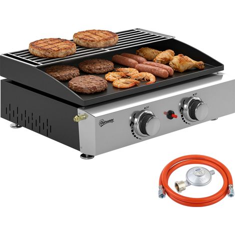 Barbecue à gaz 5 kW, barbecue de table portable avec 2 brûleurs, revêtement céramique, grille et grille de maintien au chaud (1/5)