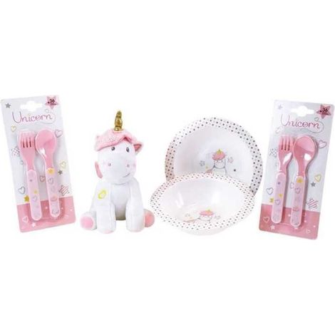 Unicorn Tableware Set for Children - FUN HOUSE - 006319 - 2 Plates. 2 Cutlery Sets and 1 Soft Plush Toy (1/3)