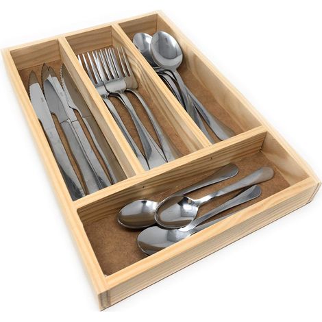 Plateau À Ustensiles pour Couverts en Bois - Range-couverts - Organisateur De Tiroir - Boîte De Rangement pour Cuisine en Bambou - 4 Compartiments - 32 x 22 x 3,5 cm (1/4)