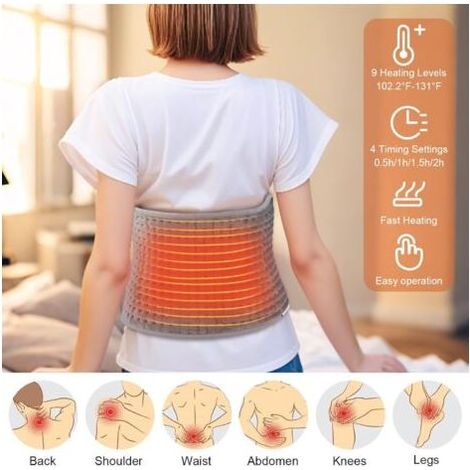 Ceinture Chauffante Lombaire 125x30cm Coussin Chauffant Electrique, Lombaire 9 Niveaux de Température et Arrêt Automatique Lavable Ceinture Chauffante avec Velcro Pour Dos Cervicales Abdomen Gris (1/5)