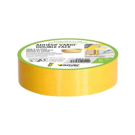 Isover – Rouleau d'étanchéité double face 50 mm × 16 m – Base acrylique modifiée – Grille polyester noire – Collage rapide et repositionnable