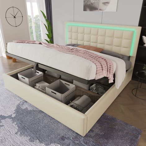 Polsterbett 180x200 cm mit LED, weißem Kunstleder, OKMYHOME (1/5)