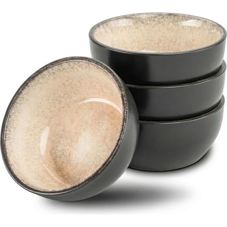 Lot de 4 Bols à Soupe Miso - Céramique et Bois - Design Japonais - Pour Apéritifs et Repas - 12 cm Beige-Gris (1/5)
