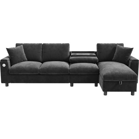 ELVMI Divano angolare reversibile con Funzione Letto, Contenitori, Tavolino pieghevole, USB e Tipo C, Ciniglia Grigio (1/5)