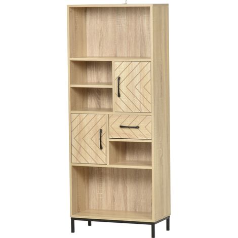 Bibliothèque buffet haut de cuisine avec 2 étagères, 3 niches, 2 placards et tiroir, bois chêne clair motif graphique, pieds en métal noir (1/5)
