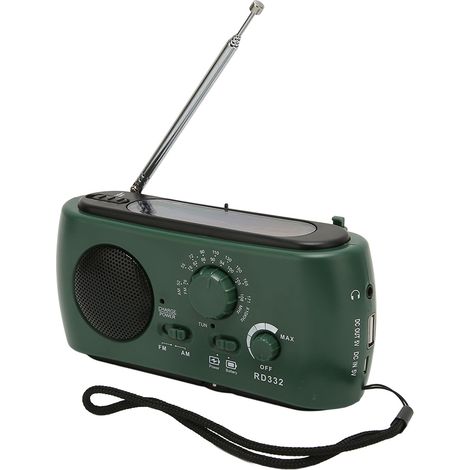 Radio solaire à manivelle multifonction rechargeable avec lampe torche intégrée, idéale pour le camping et la randonnée (verte). (1/4)
