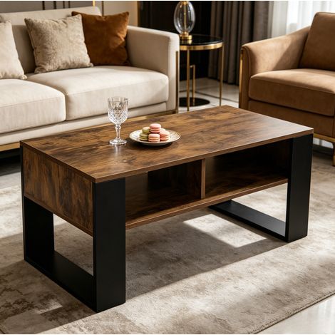 Table basse rectangulaire moderne noire et marron effet rustique avec 2 niches ouvertes, plateau 90 cm (1/5)