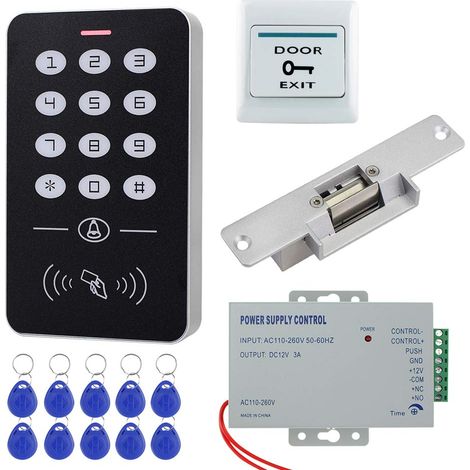 Système Contrôle d'accès avec Serrure électrique Strikc + RFID Clavier Contrôle d'accès + Contrôleur d'alimentation DC12V 3A + 10pcs cartes porte-clés Pour Système d'entrée de porte (1/5)