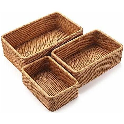 ALVOEZ—dyk Panier de rangement rectangulaire en rotin – Lot de 3 paniers tressés – Dimensions : 30x19,5x10 cm, 25x16,5x8,4 cm, 20x13x7 cm – Pour fruits et paindengyank (1/4)