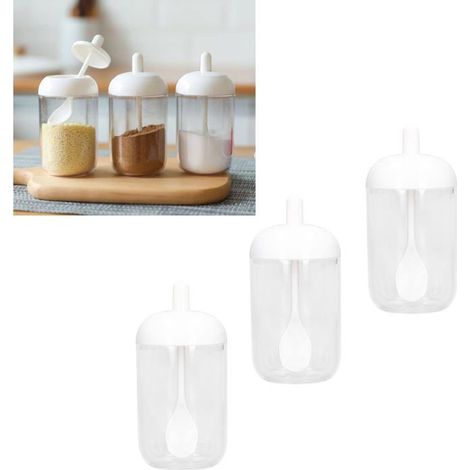Ecleanfy - Set de 3 contenants épices avec cuillères intégrées. Transparents et hermétiques, organisation parfaite pour comptoir de cuisine. (1/5)