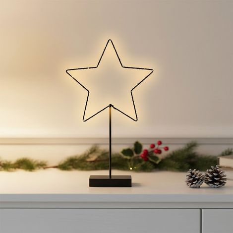 Metall Leuchtstern Tisch Aufsteller schwarz batteriebetrieben mit Timer - 43 x 25 cm - Stern Silhouette mit Standfuß beleuchtet mit 30 LED in warm weiß