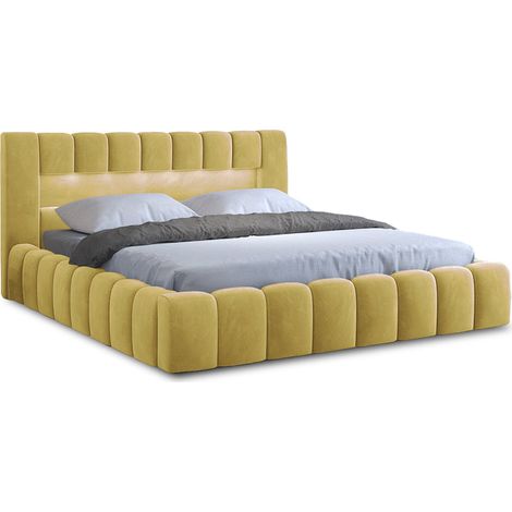 Cleo - lit coffre avec led - 140x200 cm - sommier inclus - en velours - jaune (1/4)
