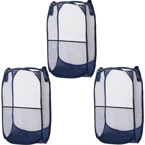 3 Pack Blue Mesh Collapsible Laundry Basket - Foldable, Durable, Easy Open Dirty Clothes Bin with Handles for Clothes, Laundry and Kids Toys (1/5)