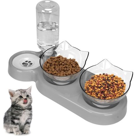 Ciotola per gatti 3 in 1 - Doppia ciotola per acqua e cibo - Ciotola a prova di perdite con supporto inclinato di 15° - Distributore automatico di acqua per cani e gatti di piccola e media taglia (gri (1/4)