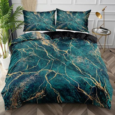 Bettwäsche 200x220 cm 3tlg Marmor Grün Gold Mikrofaser mit Reißverschluss