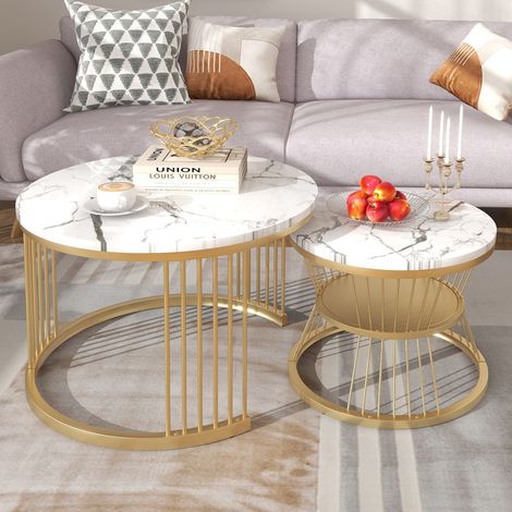 Lot de 2 Tables Basses Ronde - Bois Marbre et Pieds Métal - Table Basse Gigognes - Blanc et Doré - Etagères de Rangement (1/5)