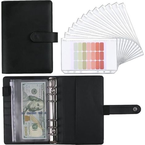 Classeur Budget A6 - Noir - 12 Pièces - Cuir PU - Plastique Transparent - Anneaux (1/3)