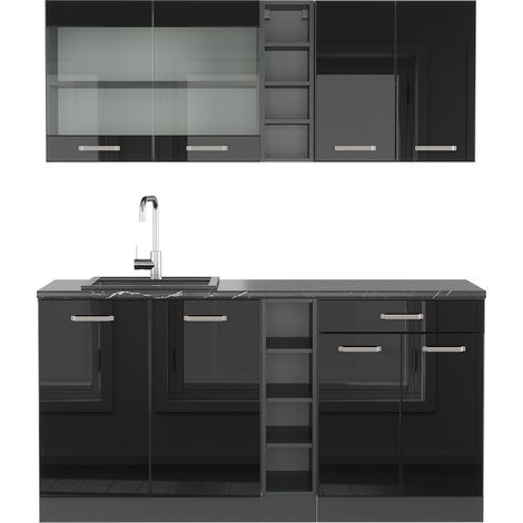 Singleküche R-Line, Schwarz Hochglanz/Anthrazit, 160 cm , AP Anthrazit, Vicco