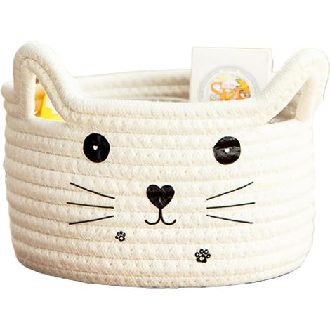 Panier de rangement en coton naturel - Design rond tissé - Motif chat - Sans danger pour les enfants et les animaux domestiques - Idéal pour les jouets, les serviettes, les couvertures et les vêtement (1/5)