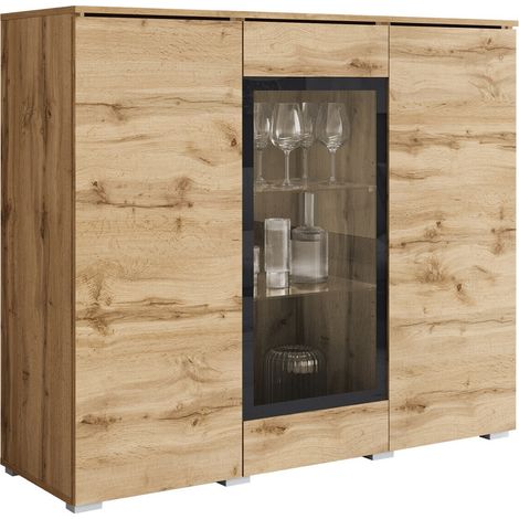 Mobilier1 – Buffet Sarasota 186 chêne wotan 120x104x40cm – Stratifié et verre trempé – Système push to open pour design épuré