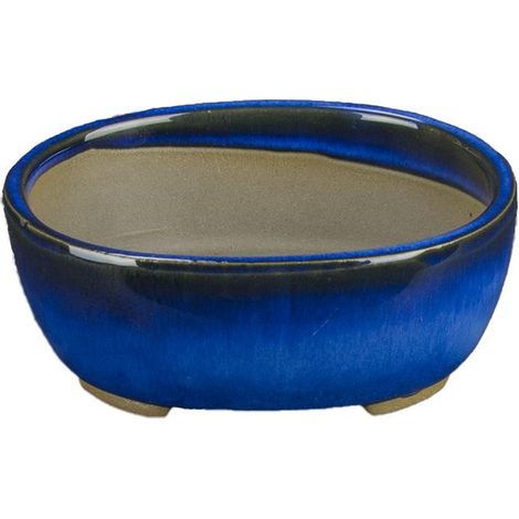 Vaso per bonsai Giapponese Morrisan ovale in gres smaltato blu 9,5x7,5x3,5 cm - B02-8-1B