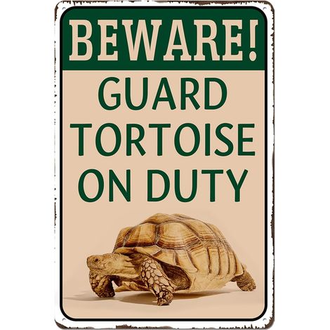 Décoration d'Enclos de Tortue - Installation d'Habitat Extérieur pour Tortue Sulcata, Plaque de Fer Métallique "Attention Tortue de Garde en Service" Cadeau pour les Amateurs de Tortues 20x30 Cm (1/5)