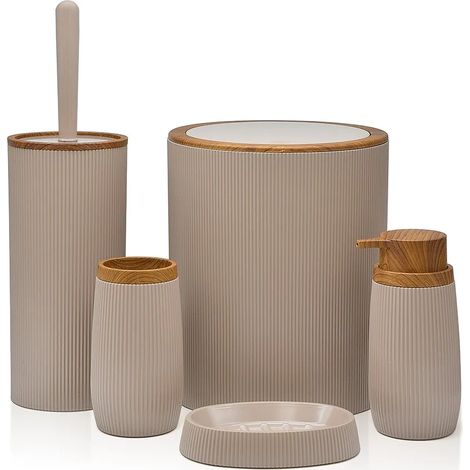 Set bagno da appoggio Blob in plastica liscia tortora con dettagli effetto legno