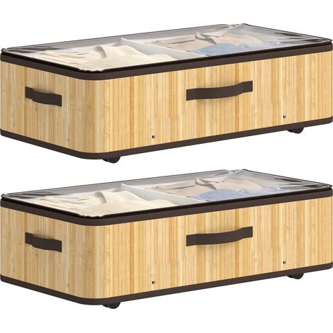 HOMCOM juego de 2 cajas de almacenaje bajo cama con ruedas, 60l, de bambú con tapa transparente y asa, marco metálico, para zapatos, mantas, natural (1/5)
