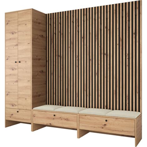 Conjunto para recibidor Donio VI, Roble Artisan + Manila 02, 206x230x44cm, Tapiz, Aglomerado laminado, Colocada